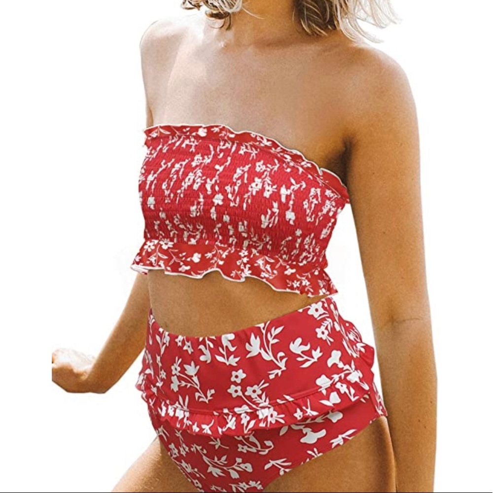 Red floral high waisted bikini small